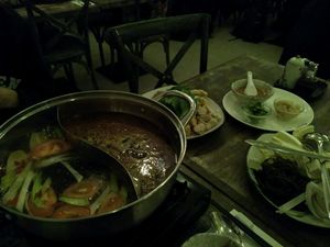 hotpot - with too much delicious food to fit on our table or in our bellies :) at Tianfuzius in Berlin