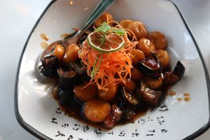 Aubergines and water chestnuts. at Tianfuzius in Berlin
