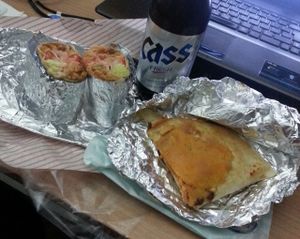 Vegeterian burrito and tofu quesadilla in take-out (Beer bought in convenient store) at Gusto Taco 구스토 타코 in Seoul