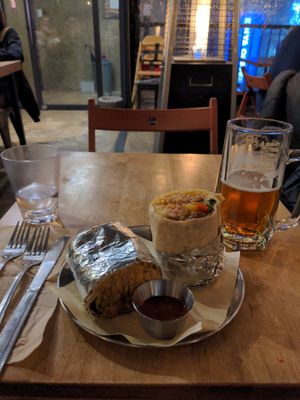 My veggie burrito and beer (all vegan) at Gusto Taco 구스토 타코 in Seoul