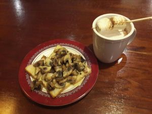 Mushroom Toast, Chai tea latte with mushmellow  at Mimi and Kelly's in Seoul