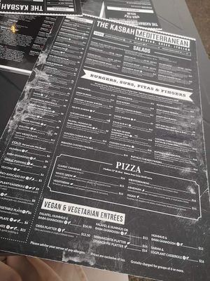 Menu at The Kasbah in Niagara Falls