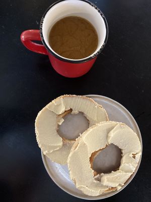 Vegan bagel and cream cheese. Think it was hummus based, tasted fresh and delish! The bagel itself was incredibly good as well.   at Mahtay Cafe in St Catharines