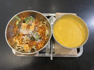 Thai Noodle Salad and Butternut Squash Soup  at Mahtay Cafe in St Catharines