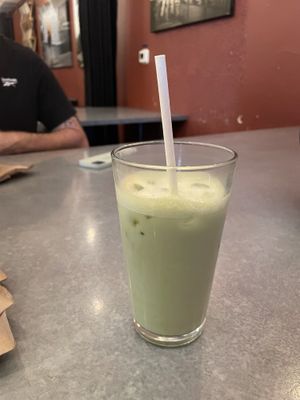 Iced matcha with oat milk   at Mahtay Cafe in St Catharines