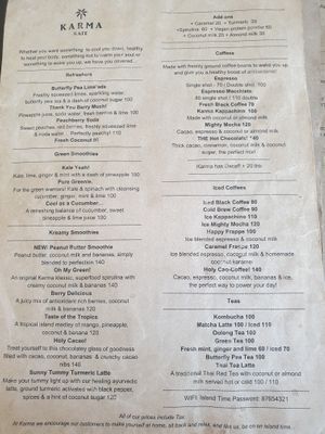 Drinks menu. Dec 2020 at Karma Kafe in Koh Phangan