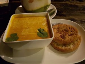 Lentil soup with bread  at Karma Kafe in Koh Phangan