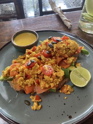 Tofu scramble, faux salmon (carrot), avocado and Benedict sauce   at Karma Kafe in Koh Phangan