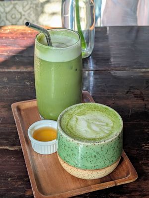 Matcha lattes hot and cold at Karma Kafe in Koh Phangan