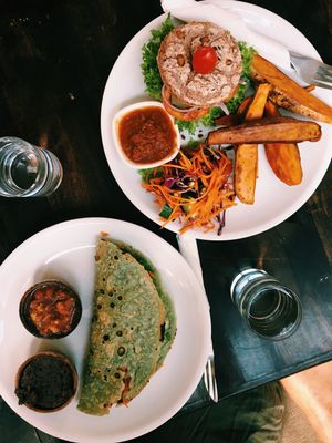 Breakfast burrito left and spicy burger right  at Karma Kafe in Koh Phangan