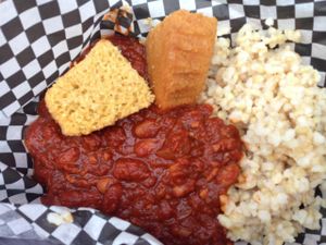 Chili, rice, and corn bread at Star Truck - Food Truck in Ithaca