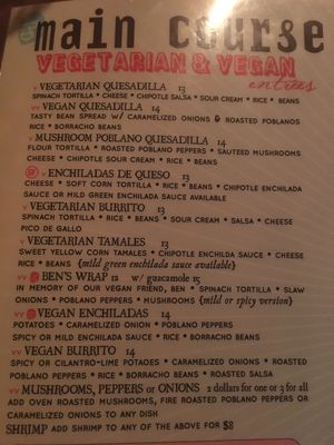 Vegan/vegetarian menu as of Nov 2018 at Luna Maya in Norfolk
