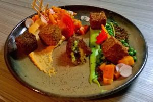 Parsley and coriander falafel, harissa hummus at Lupin Restaurante Vegetariano in Porto