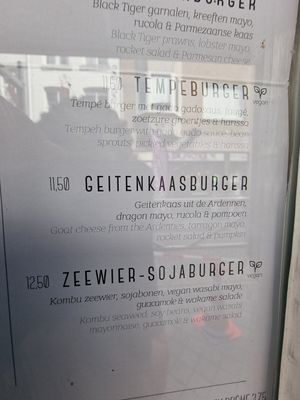 Vegan indicated on menu at Burgerlijk in Maastricht
