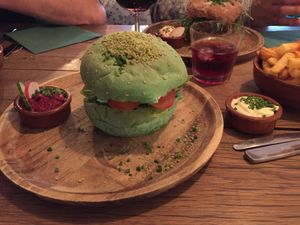 Seaweed burger, French fries and vegan mayo at Burgerlijk in Maastricht
