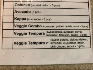 Veg sushi roll options  at Jusco Japanese Restaurant in Davis