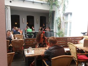 Iside-outside seating area at Hofcafe in Bamberg