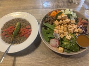 Lentil soup and vegan poke saladd  at Cafe Verde in New Smyrna Beach