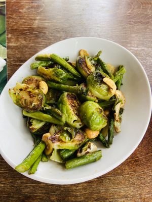 Roasted brussel sprouts with cashew and asparagus  at Cafe Verde in New Smyrna Beach