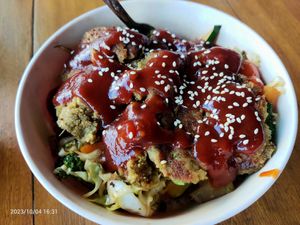 Stir-fry Rice bowl with Falafel and katsu sauce at Wrap N Roll in San Juan Del Sur