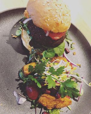 BBQ falafel burger with a sweet potato salad mix at VEVAY in Frankfurt