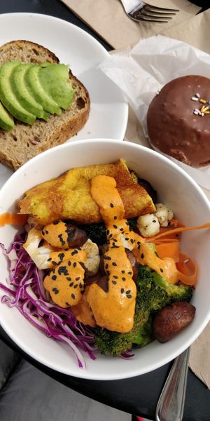 Nourish Savory Breakfast Bowl with Fritatta, Avocado Toast, and a Donut Farm Donut 💕 at Nourish Cafe - Richmond District in San Francisco