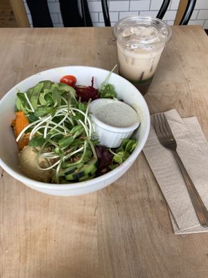 Nourish bowl and iced tea latte  at Nourish Cafe - Richmond District in San Francisco