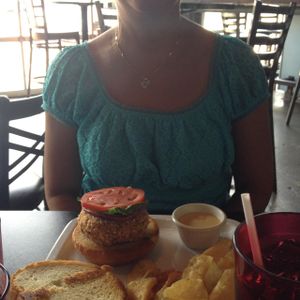 Crab cake sandwich & Martha at Earth Friends Cafe in New Albany