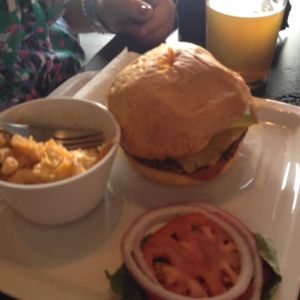 Black bean burger and mac and cheese side at Earth Friends Cafe in New Albany