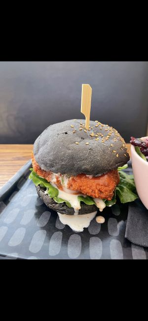 Buffalo tricken’ burger at Naked Cafe in Kelowna