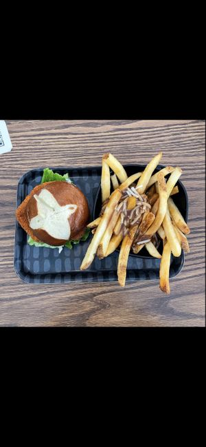 Buffalo tricken’ burger & poutine at Naked Cafe in Kelowna