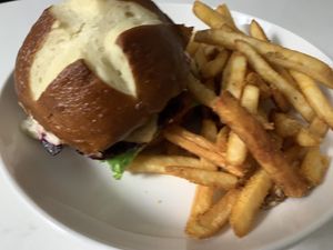 Burger and fries  at Naked Cafe in Kelowna