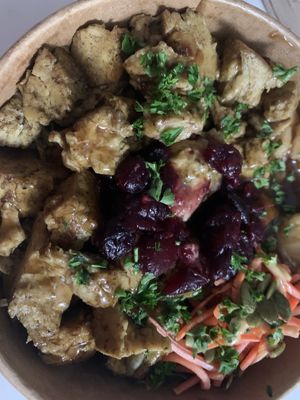 Holiday bowl w/ extra seitan  at Naked Cafe in Kelowna