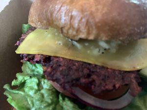  Beer burger on pretzel bun   at Naked Cafe in Kelowna