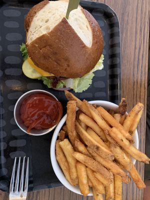 Cheese burger & fries  at Naked Cafe in Kelowna