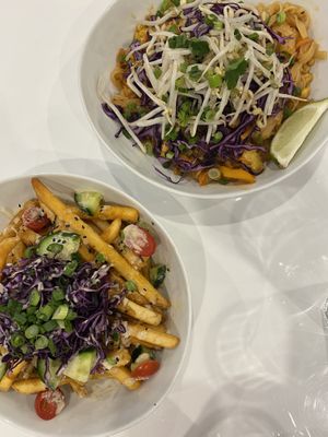 Market poutine & pad Thai (peanut free peanut sauce is a cashew sauce)  at Naked Cafe in Kelowna