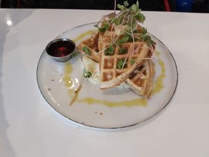 Seitan's Waffle at Naked Cafe in Kelowna