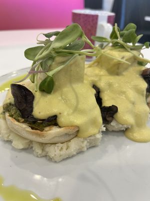 Tempeh Bacon Benny  at Naked Cafe in Kelowna