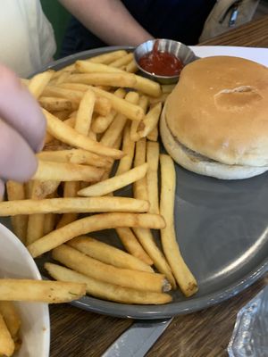 Kids’ burger and fries   at Naked Cafe in Kelowna