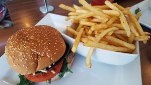 Portobello burger with fries at Naked Cafe in Kelowna
