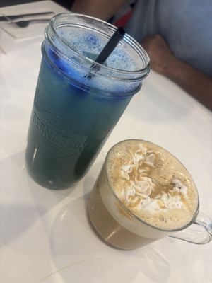 Blue lagoon lemonade and caramel miso coffee   at Naked Cafe in Kelowna