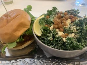 Burger and salad   at Naked Cafe in Kelowna