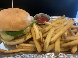Burger and fries   at Naked Cafe in Kelowna