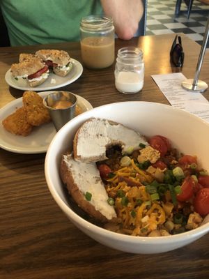 Bacon scramble, hash browns, burke bagel at Naked Cafe in Kelowna