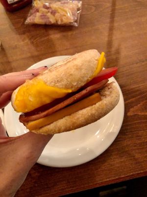 Breakfast sandy with “bacon and cheese” and tofu on an English Muffin at Naked Cafe in Kelowna