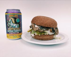 Mushroom Swiss Beyond Burger, on a sprouted grain bun! at Naked Cafe in Kelowna