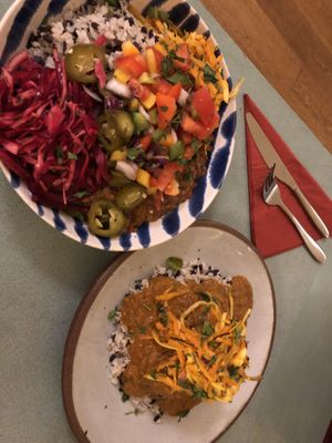 Vegan chilli bowl and korma nut koftas  at The Waiting Room in Stockton-on-tees