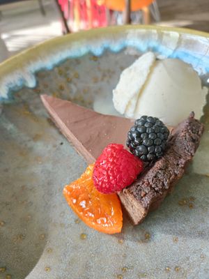 Dark chocolate tart with vegan vanilla ice cream at The Waiting Room in Stockton-on-tees