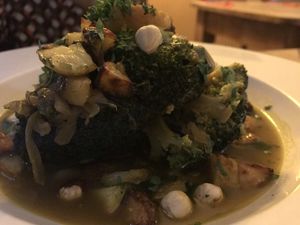 Broccoli, bean & potato cassoulet with hazelnut  at The Waiting Room in Stockton-on-tees