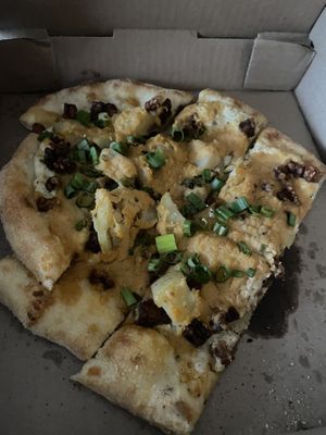 Loaded baked potato flatbread pizza (with two pieces missing)  at Allie's Vegan Pizzeria and Cafe in Spokane